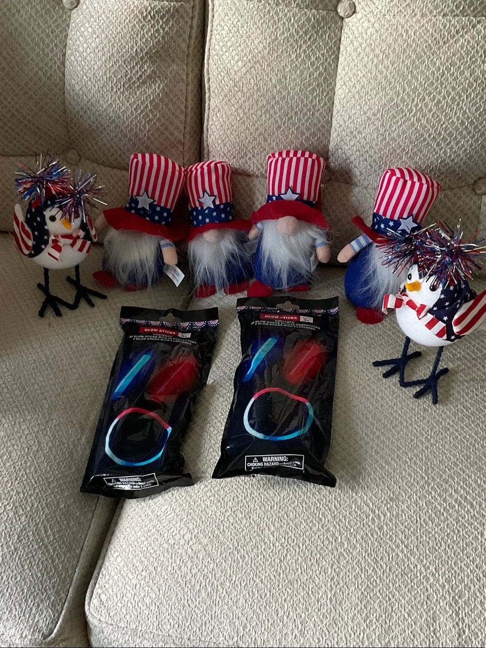 Patriotic Red White & Blue Gnome, glow sticks and Bird Party Set